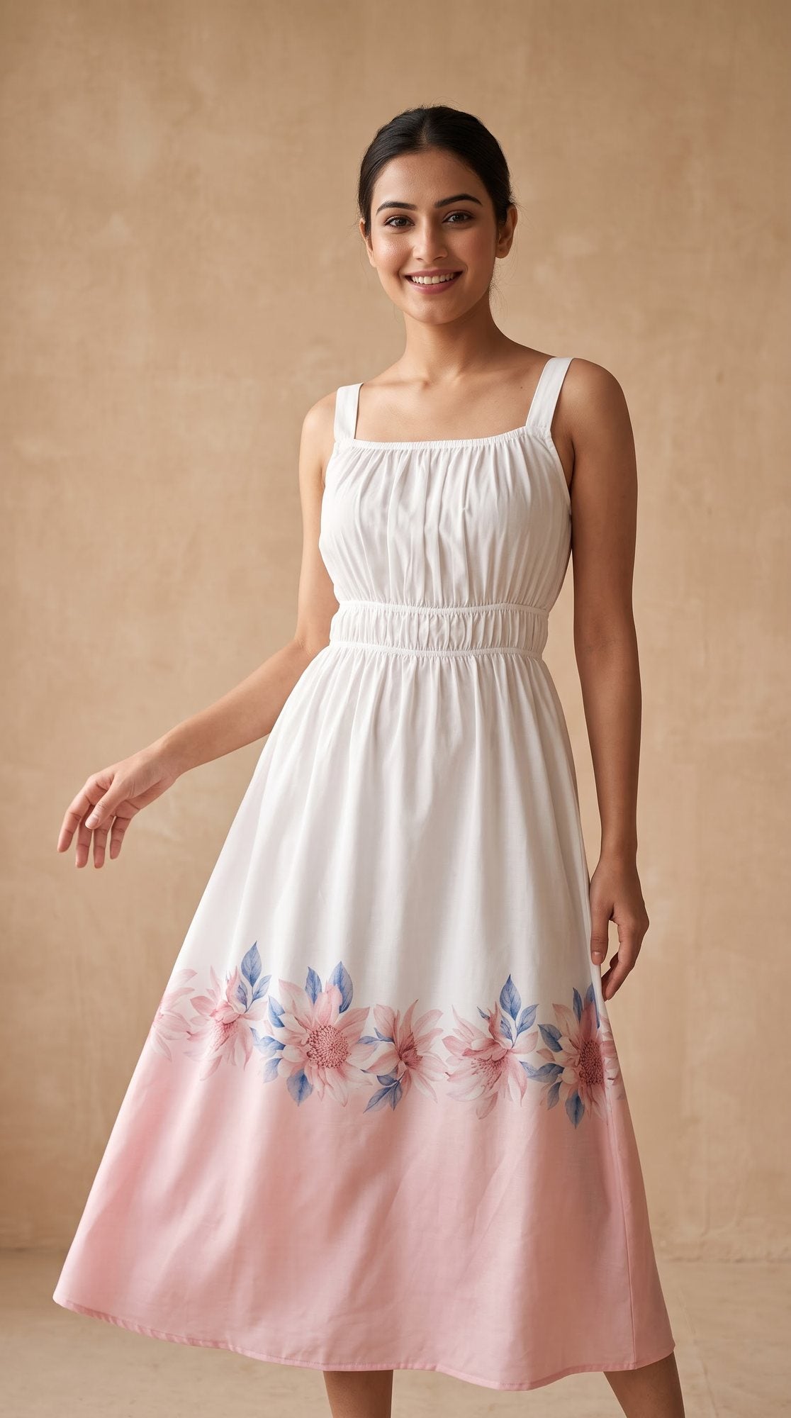 Pink Floral Border Strappy Midi Dress