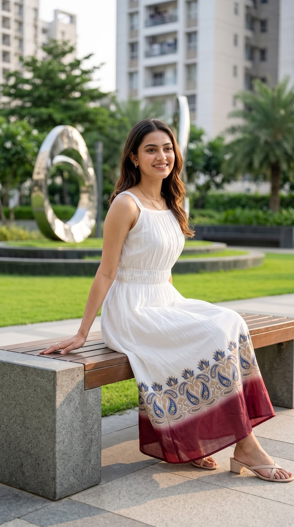 Paisley Border Strappy Midi Dress — Maroon